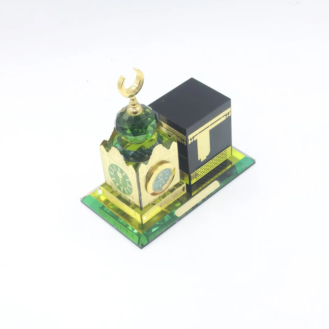 Islamic Crystal Kaaba Clock Tower Model Gilded Miniature Showpiece Religious Architecture Muslim Home Decor