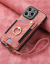 Luxury PU Leather Phone Case for iPhone 16 15 Pro Max 16e 14 Plus with Card Slot Ring Buckle Lanyard Back Cover