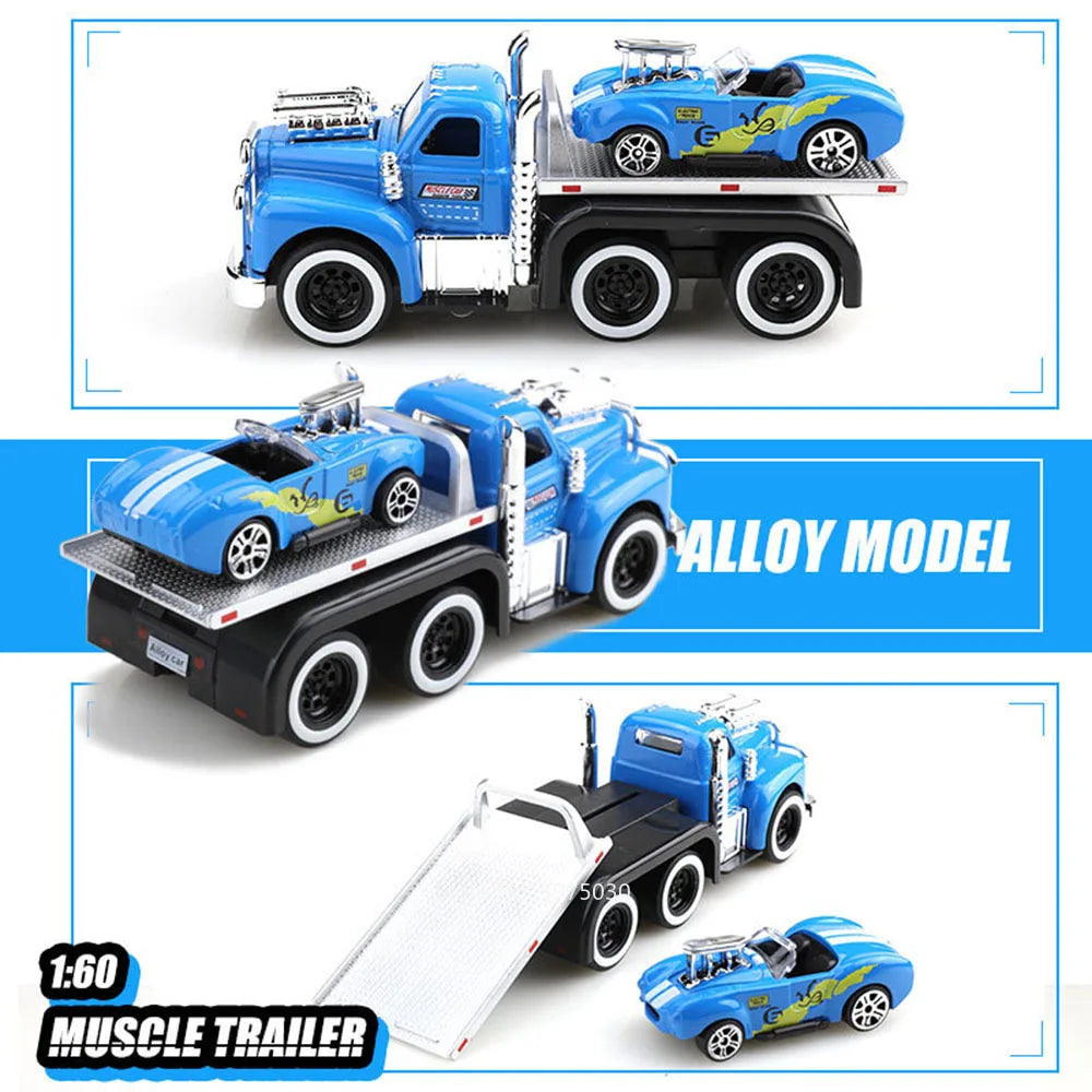 1:60 Scale American Muscle Alloy Trailer Cars Diecast Models Toys with Sound Light Pull Back Vehicle Boys Collection Gifts