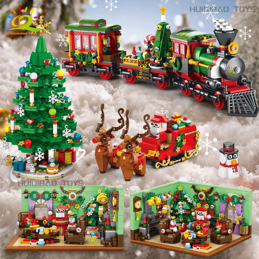 Christmas 24 Day Countdown Calendar Tree Santa Claus Train Model Building Block DIY Bricks Toys for Adult Gift