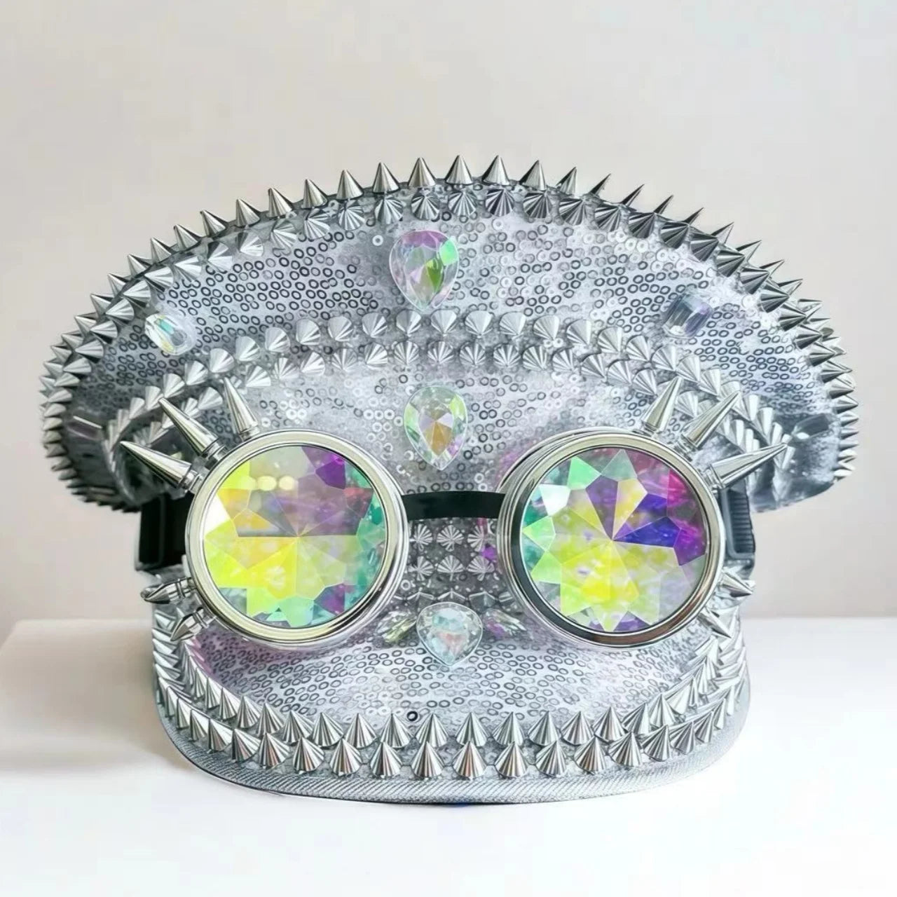 Silver Steampunk Captain Hat Rivet Rhinestone Goggles Masquerade Military Cap Women Sequin Music Festival Handmade Unisex Adult