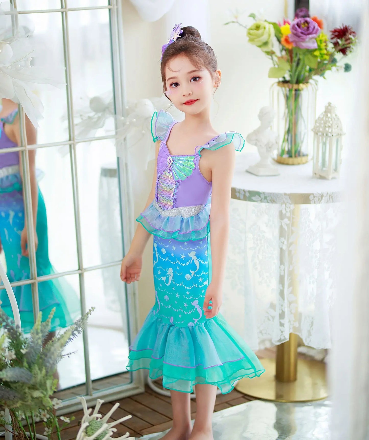 Mermaid Princess Dress for Girls - Summer flutter sleeves Sequin Tulle Dress Sparkling Ocean Themed Party Gown