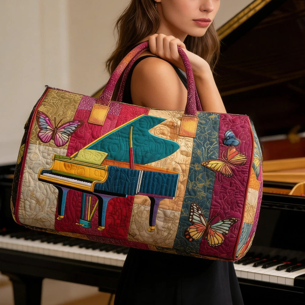3D Printed Quilted Music Tote Bag Guitar Piano Floral Rose Design Travel Duffle Bag Carry on Luggage Unique Weekender Bag