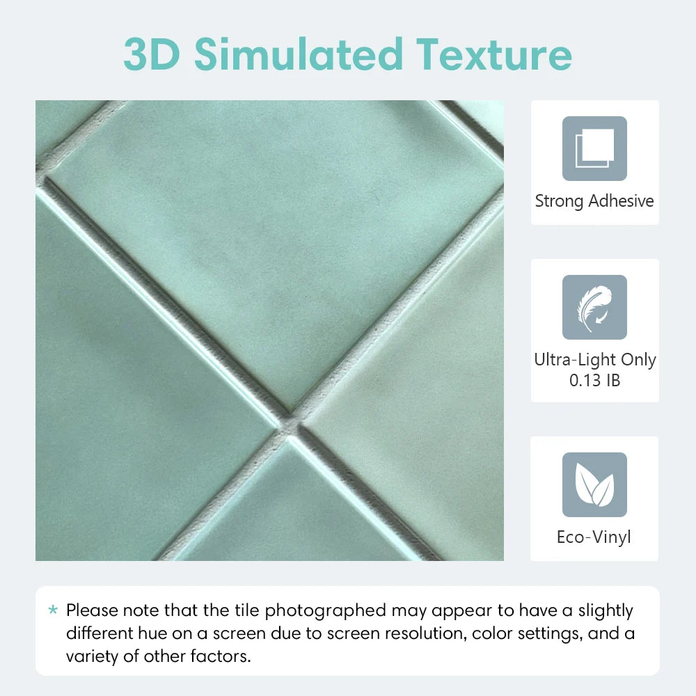 10pcs 3D Tile Stickers, Self-adhesive Green Tile Backsplash for Kitchen Bathroom, Waterproof, Matt, 30 x 30cm, Interior Wall Decor