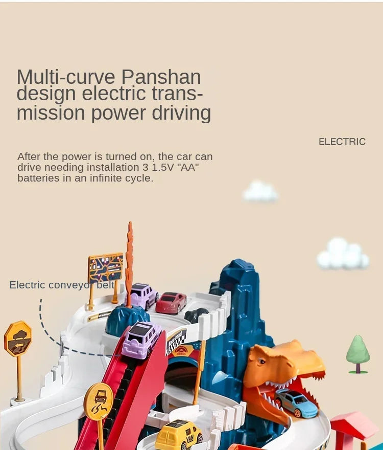 Electric Rail Car Dinosaur Building Parking Lot Adventure Racing Rail Car Toys  Brain Mechanical Interactive Rail Cars