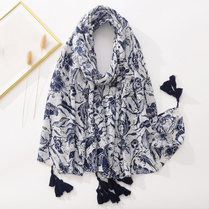 Spring Scarf Pink Blue Floral Paisley Printed Scarves Women Lady Girl Cotton Linen Bohemian Scarf For Summer Beach Shawl Bandana