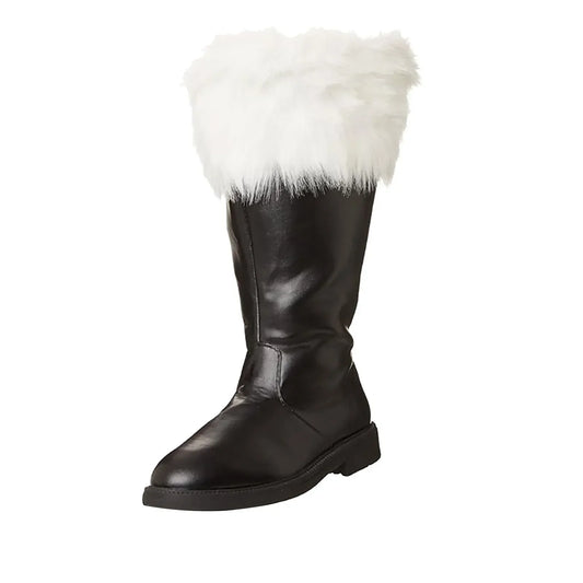 Christmas Santa Claus Boots Cosplay Black Leather Shoes White Plush Cuffs Foot Halloween Christmas Winter Boots