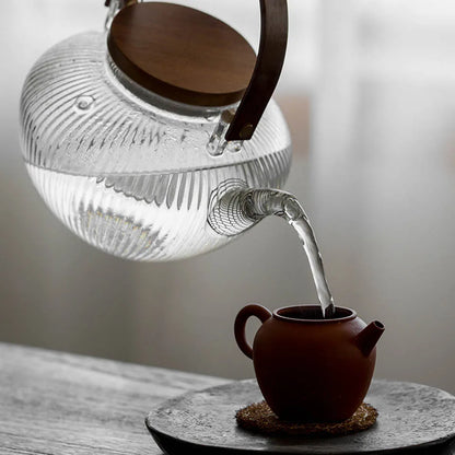 Glass Thick Stripes TeaPot Heat Resistant Wood Handle  Can Be Heated Electric Pottery Stove To Make Open Fame 750ML