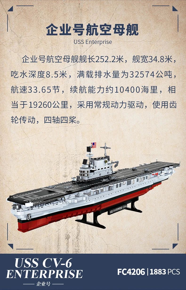 Military World War II Warship Battle Boat Building Blocks Sets The USS Enterprise CV-6 Bricks Toy For  Birthday Gift
