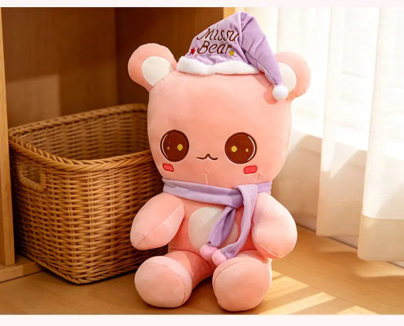 Cute Bear Plush Toy With Sleep Hat And Scarf Soft Pillow