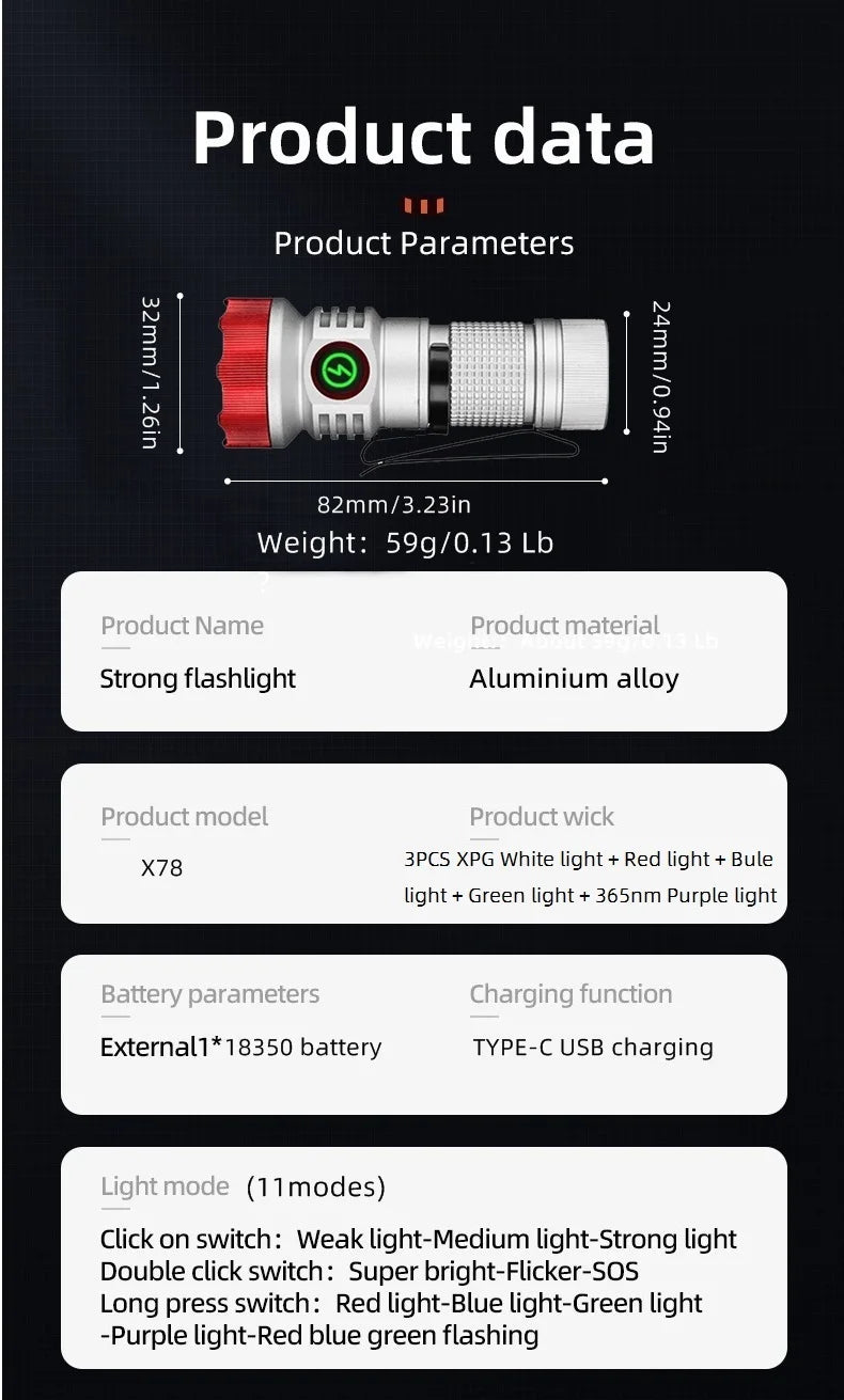 7 LED Rechargeable Multi Colour Mini Flashlight