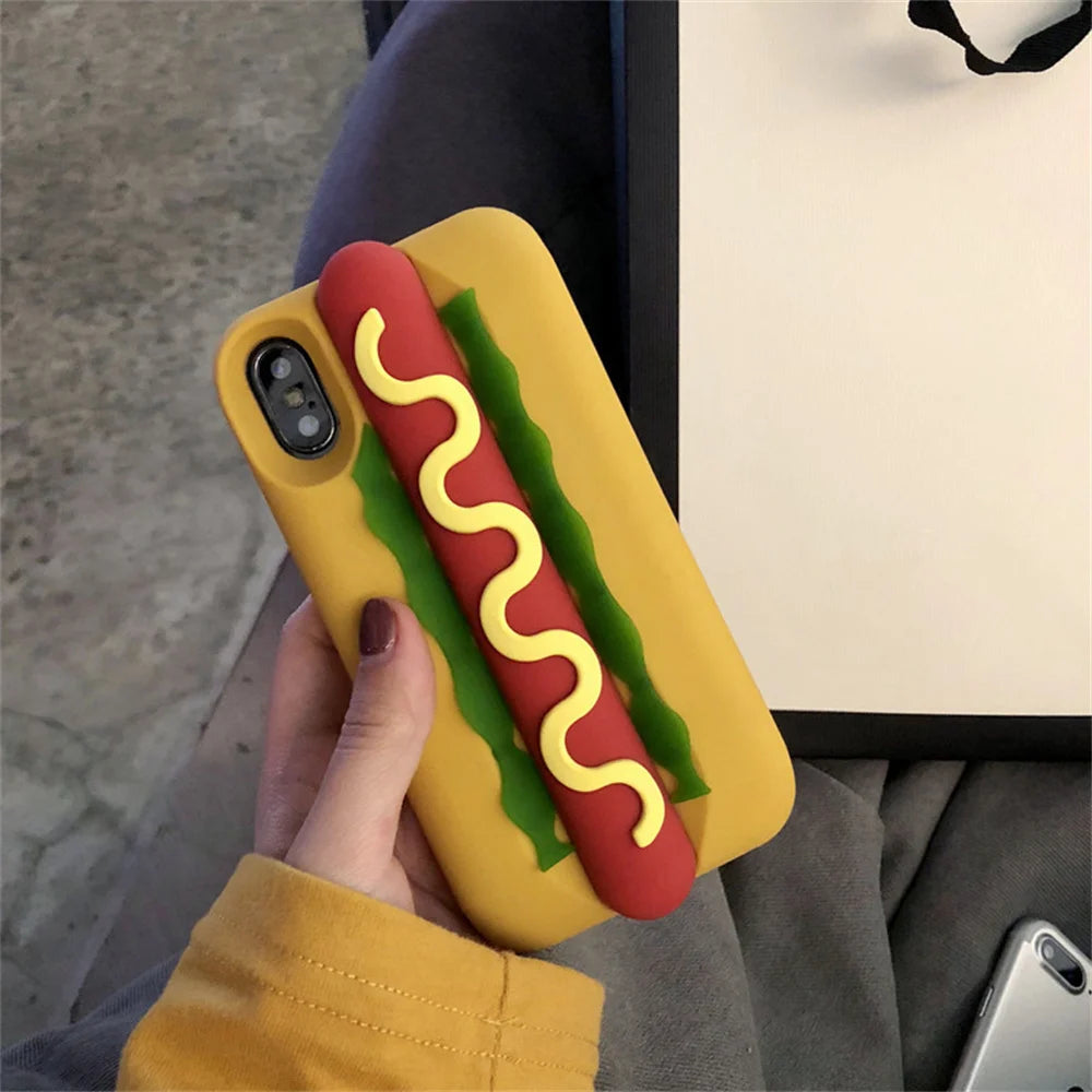INS Cute Cartoon Funny Hot Dog Sausage 3D Vivid Phone Case For iPhone 16 15 14 13 Pro Max Plus Creative Soft Back Cover