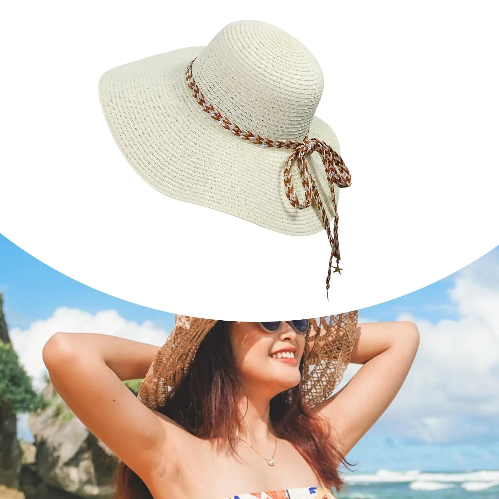 Women Sun Hat with Windproof Rope Wide Brim Sunhat Casual Ladies Sunhat Fashionable Visor Hat for Travel Camping Party Dating