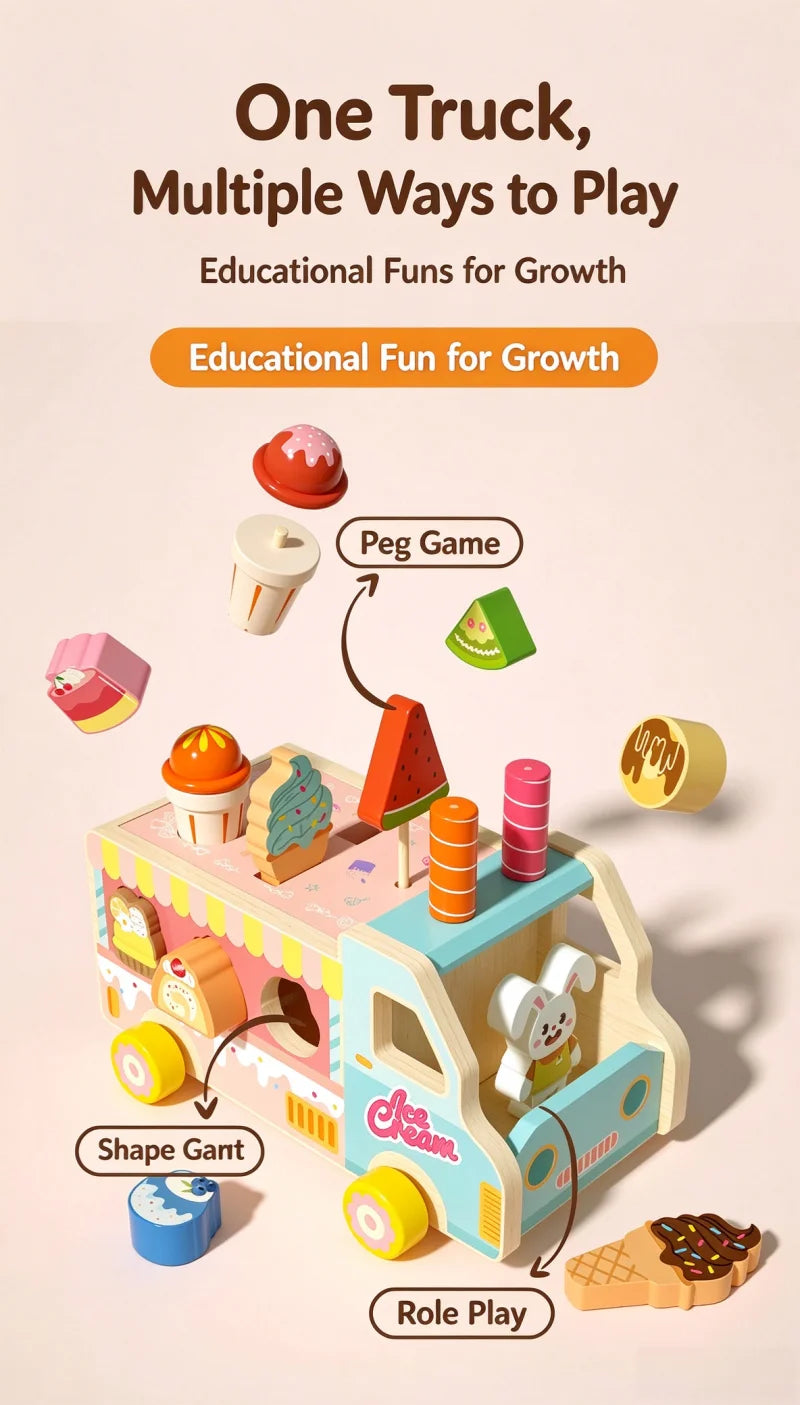 Wooden Rabbit Ice Cream Truck Shape Sorter and Pretend Play Toy