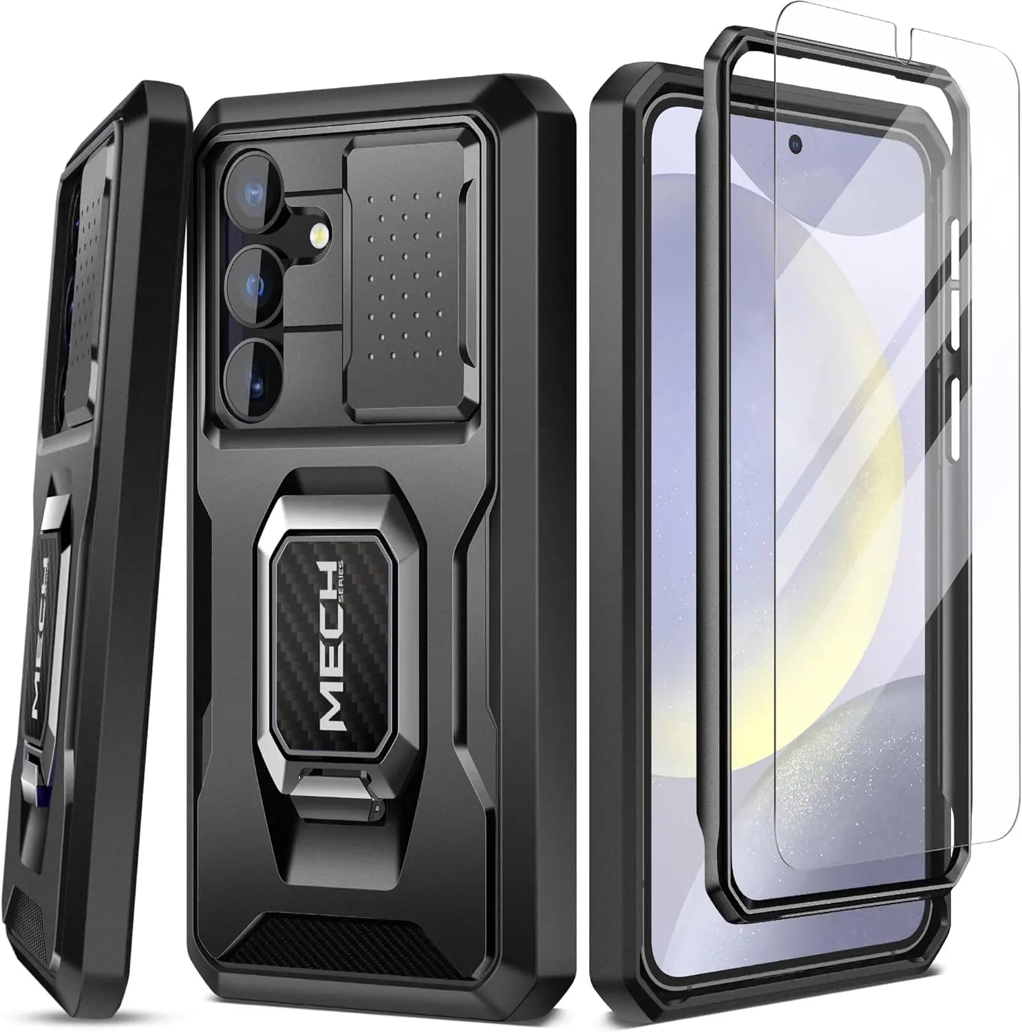 Bulit-in Ring Holder Case for Samsung Galaxy S24 with Tempered Glass Screen Protector Sliding Camera Cover Rugged Phone Case