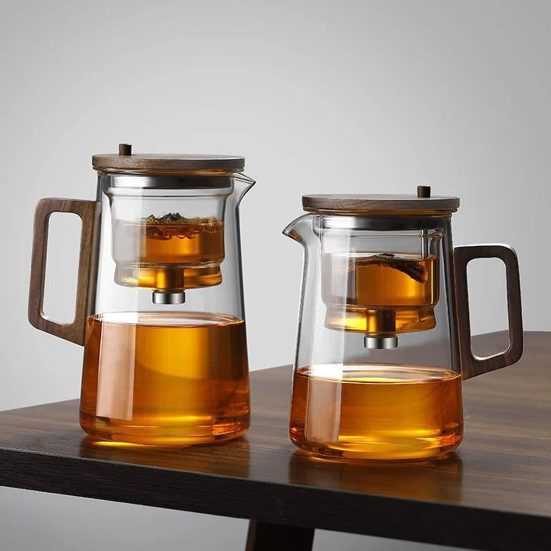 Water Separation Glass Teapot with One Click Tea Infuser and Wood Handle