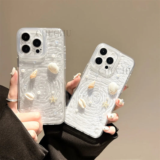 INS Seashell Starfish Conch Pearl Water Ripple Creative Clear Phone Case For iPhone 15 14 13 Pro Max Plus Soft Back Cover