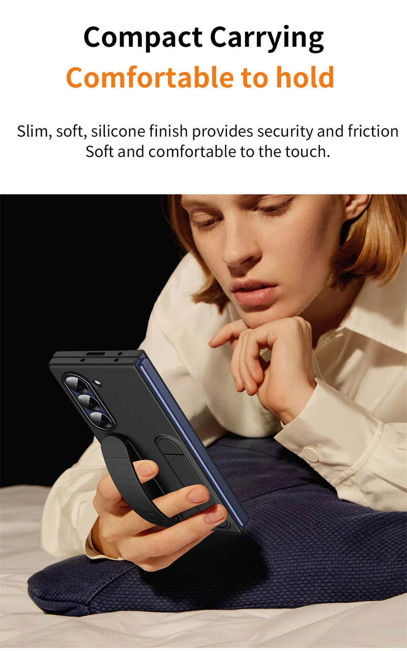 Wristband Foldable Stand Funda for Samsung Galaxy Z Fold 6 4 5 3 Fold5 5G Case Front Glass Lens Protection PC Plastic Cover Capa