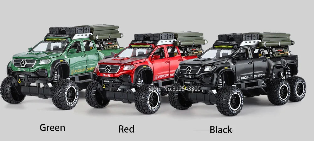 1:28 Scale X-Class 6x6 UNIMOG Motorhome Camping Car Model Toy Shock Absorption Sound Light Pull Back Off-road Vehicles Boys Gift