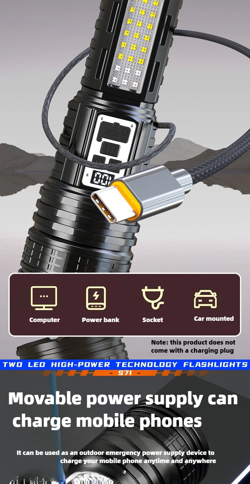 100000LM Dual Laser Flashlight White & Yellow Beam Rechargeable Zoom Tactical Torch with COB Side Light