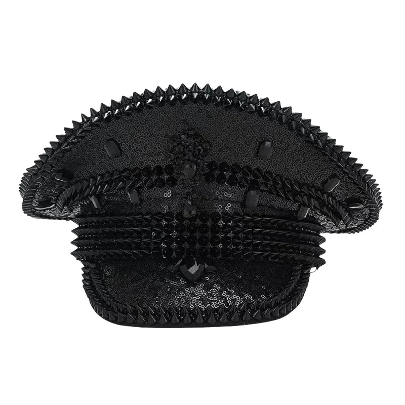Black Sequin Festival Captain Hat Punk Rhinestone Masquerade Military Cap Handmade Sergeant Hat Bride Music Festival Cosplay