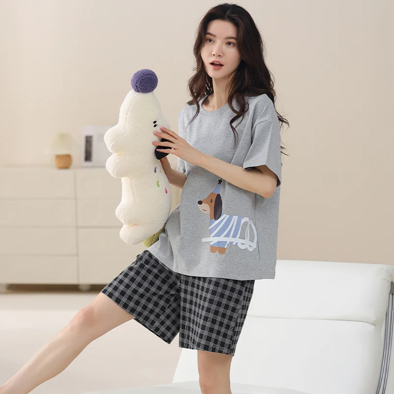 2-Pcs Women’s Cotton Pajama Set – Breathable Short Sleeve Summer Sleepwear with Cute Prints