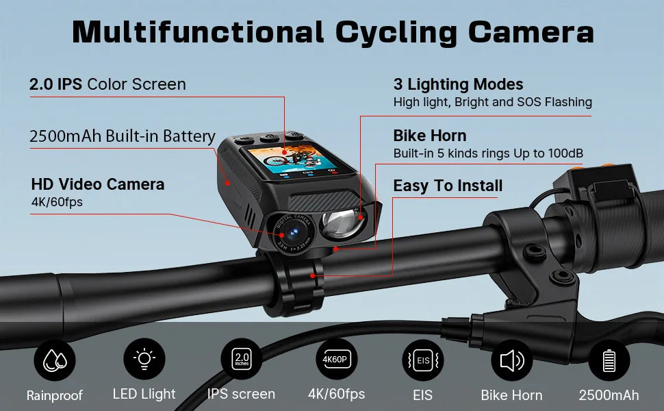 4K 60FPS Action Camera with 6 Axis EIS 2 Inch IPS Screen and 5 Hour Recording