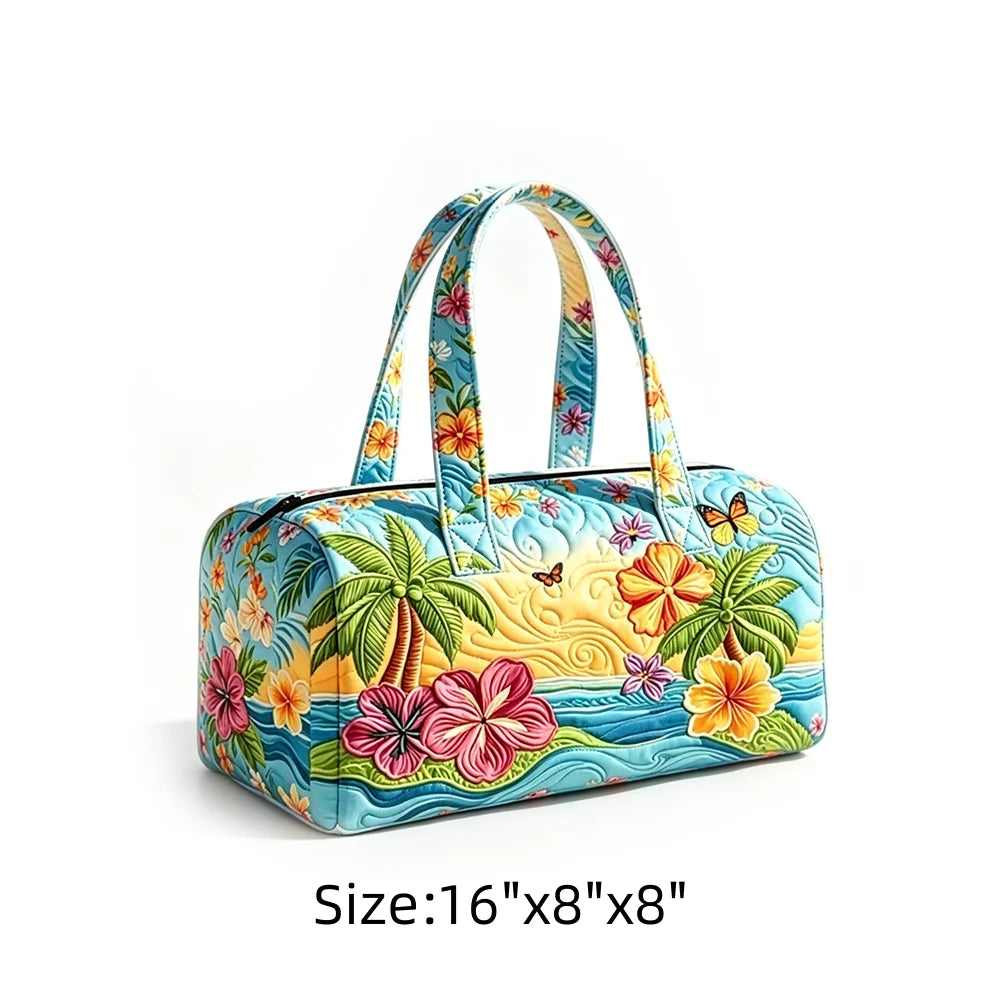 Summer Quilted Duffel Bag Tropical Vacation Carry-on Luggage Beach Travel Tote with Zipper Coconut Tree Surfboard Print Handbag