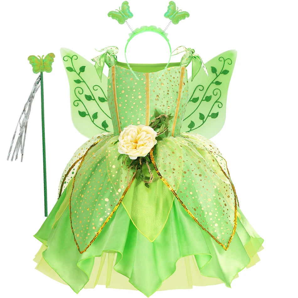 Girls Tinker Bell Costume Halloween Costume Green Fancy Dress Fairy Princess Cosplay Carnival Party Costume