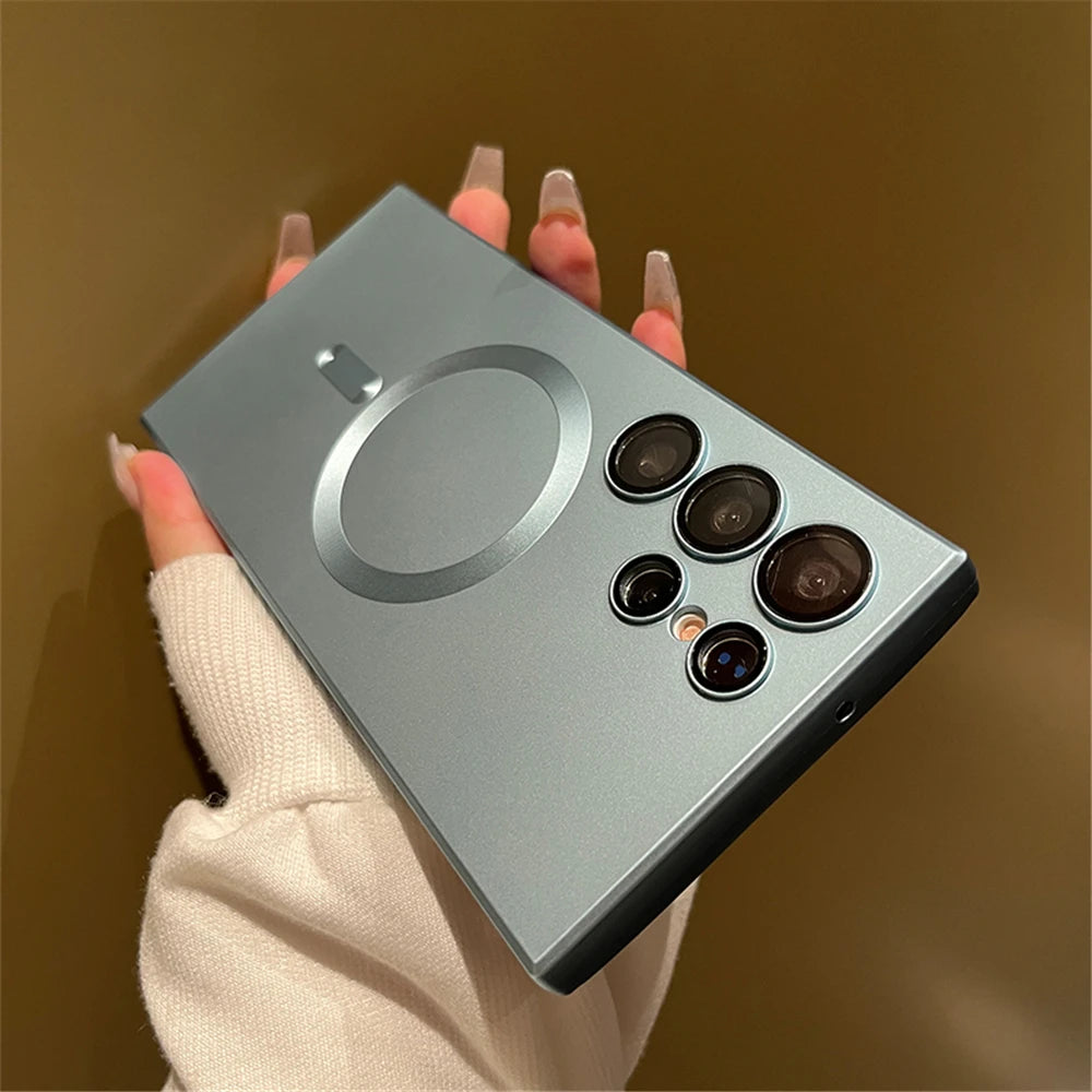 Matte For MagSafe  Wireless Charging Case For Samsung S24 S23 S22 Ultra Plus S21 FE Soft Silicon Lens Protection Cover