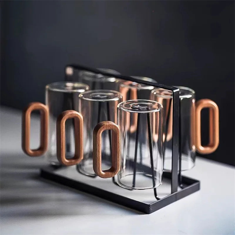 350ml High Borosilicate Glass Coffee Cup with Walnut Wooden Handle Heat-Resistant Glass Home Tea Milk Coffee Mug Breakfast Cups