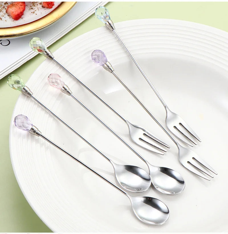 Stainless Steel Diamond Coffee Spoon and Fork Set Creative Crystal Long Handle, Perfect for Desserts, Ice Cream, Cake, and Fruit
