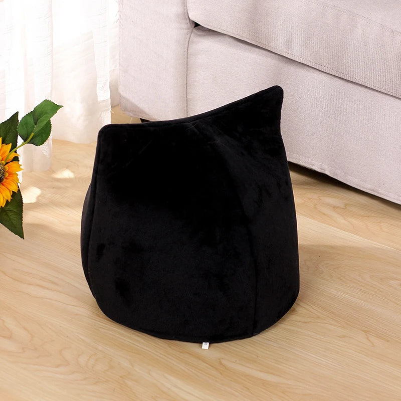 Warm Corduroy Pet House Bed Black for Cats and Small Dogs