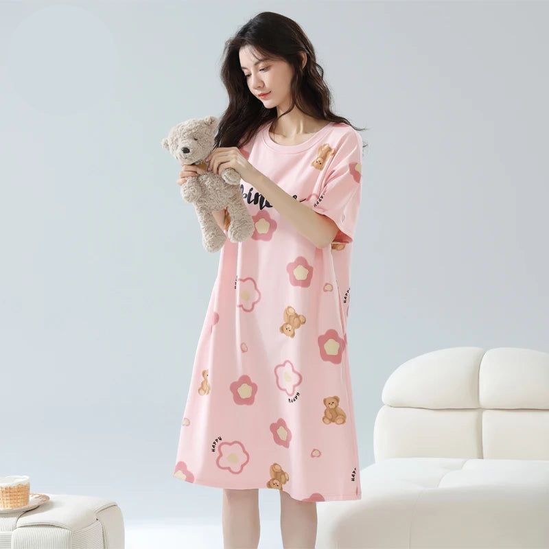Women’s Cotton Nightgown – Korean Style Cute Print, Summer Short Sleeve Sleepwear Dress