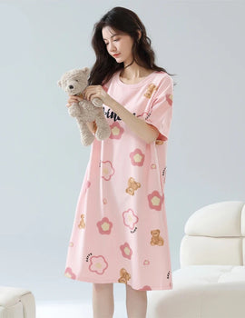 Women’s Cotton Nightgown – Korean Style Cute Print, Summer Short Sleeve Sleepwear Dress
