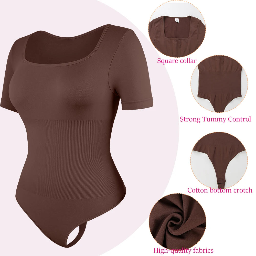 Square Neck Short Sleeve Bodysuit for Women – Full Body Control Shapewear