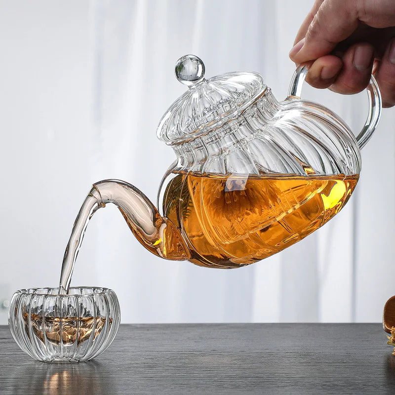600ml Striped Pumpkin Shape Glass Teapot with Filter