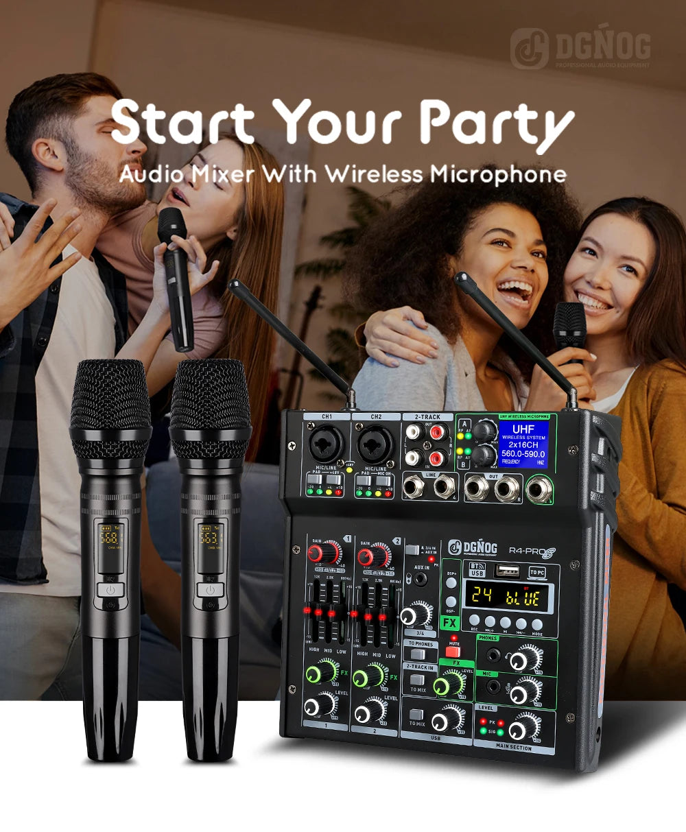 DGNOG Dual UHF Wireless Microphone DJ Audio Mixer 4 Channel Mixer Karaoke Mixer USB Bluetooth for Computer Recording Studio
