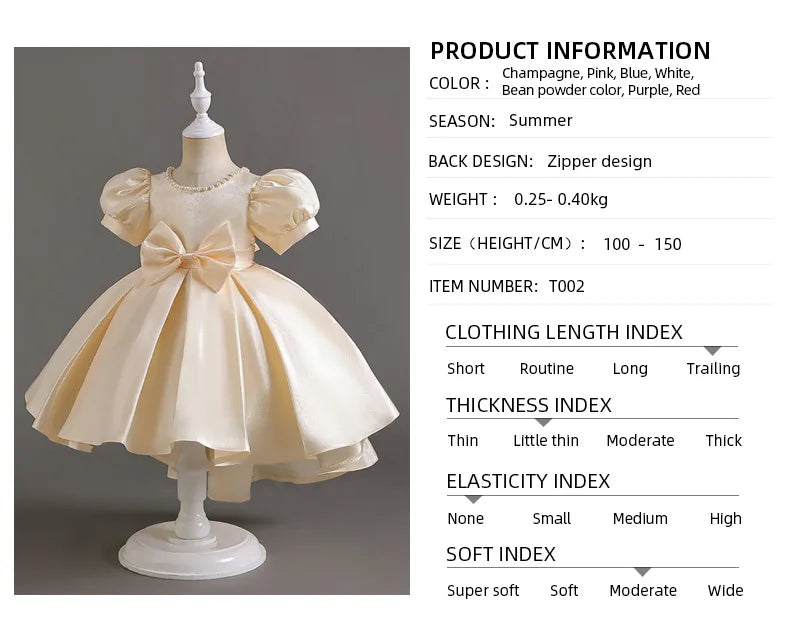Elegant Backless Flower Girl Dress - Girls' Satin Gown for Pageant, Hosting & Walk Show
