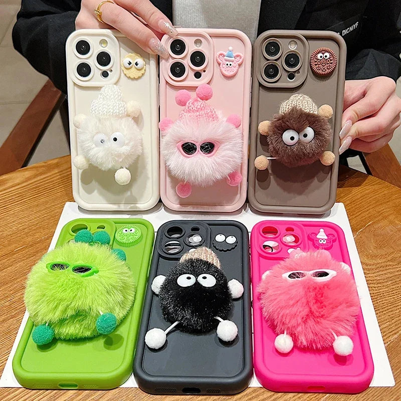 Cute 3D Plush Coal Ball Case For Samsung Galaxy S24 Ultra S23 FE S22 Plus S21 S20 Soft Cover