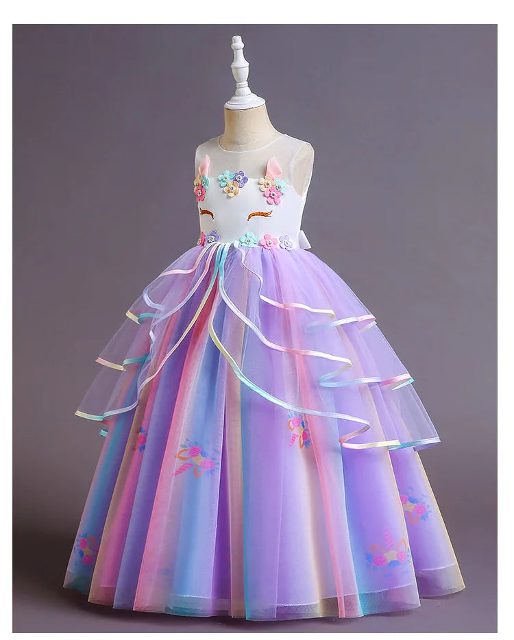 Elegant Princess Lace Dress Kids Flower Embroidery Dresses For Girls Vintage Children Costume for Christmas Party Pink Ball Gown