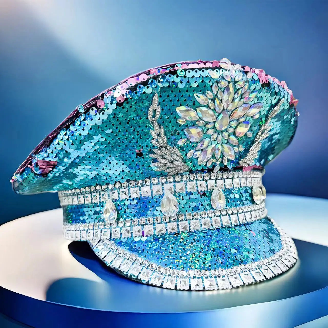Burning Man Military hats Blue purple sequined Rhinestone Navy hats suitable for Festival Beach Outdoor Halloween Hat