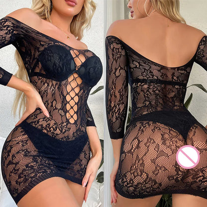 Women's Bodycon Dress Club Party Night Wear Solid Color Tight Lingerie Ladies Mesh Perspective Short Skirt