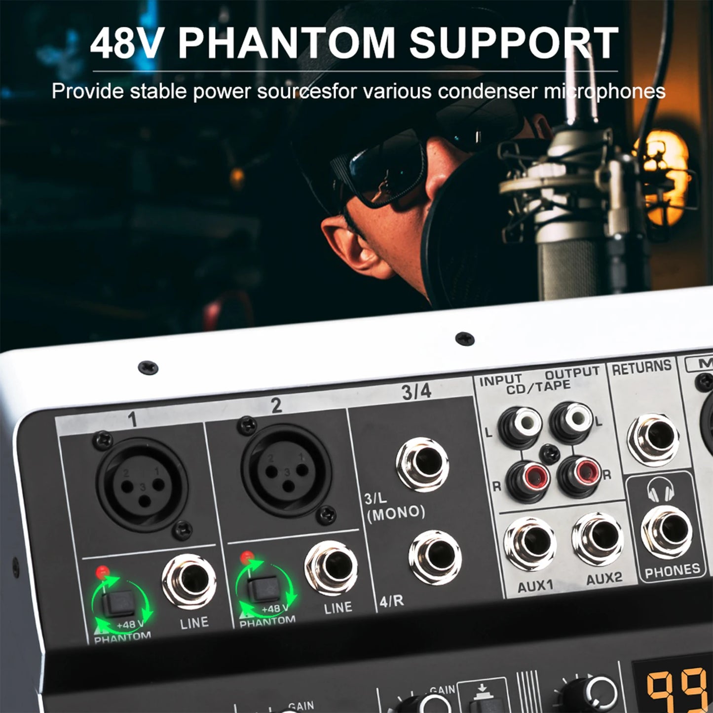 KDES KP4 Audio Mixer 4 Channel 99 DSP Effect Record PC 48V Phantom Power USB Sound Mixers Bluetooth DJ Console Mixing for Karaok