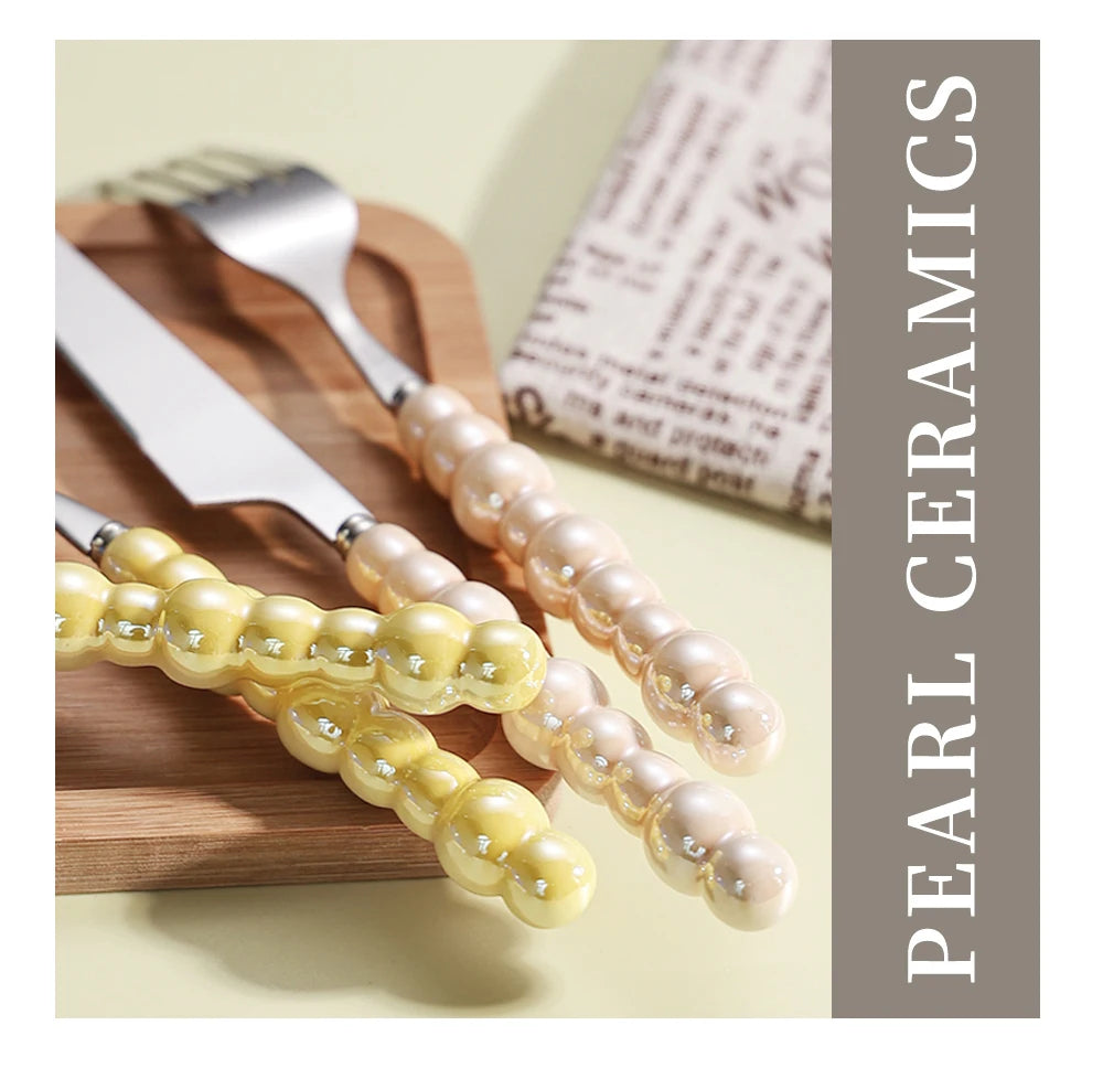 4Pcs Luxury Dinnerware Set Ceramic Pearl Handle Stainless Steel Spoon and Fork Set Western Silver Cutlery High-looking Tableware