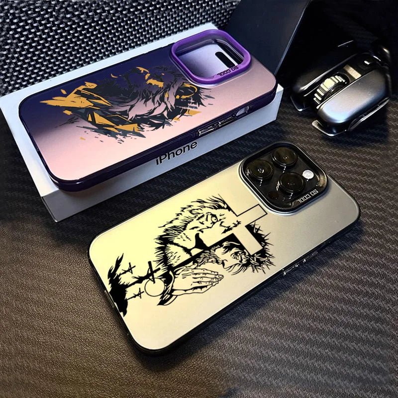 Cross Pattern Bicolor Lion Phone Case For iPhone 14 15 16 Pro Max Shockproof Anti Fall Back Cover