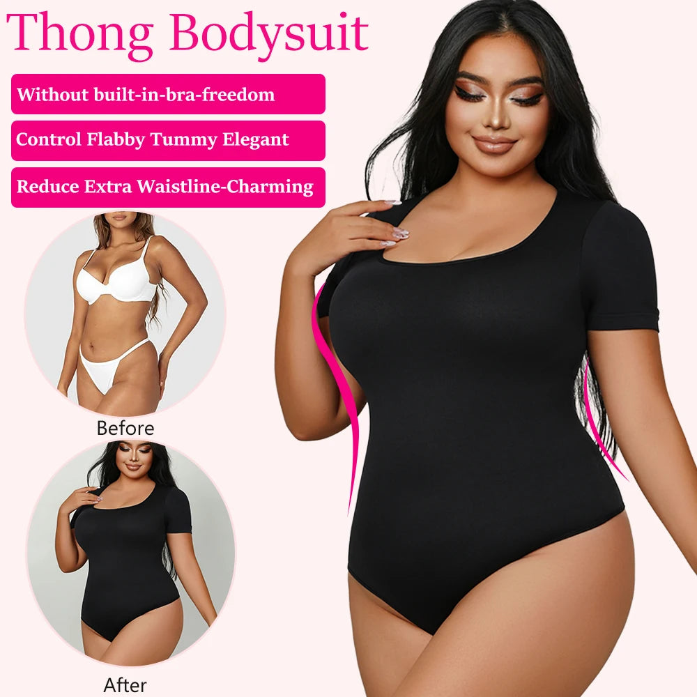 Square Neck Short Sleeve Bodysuit for Women – Full Body Control Shapewear