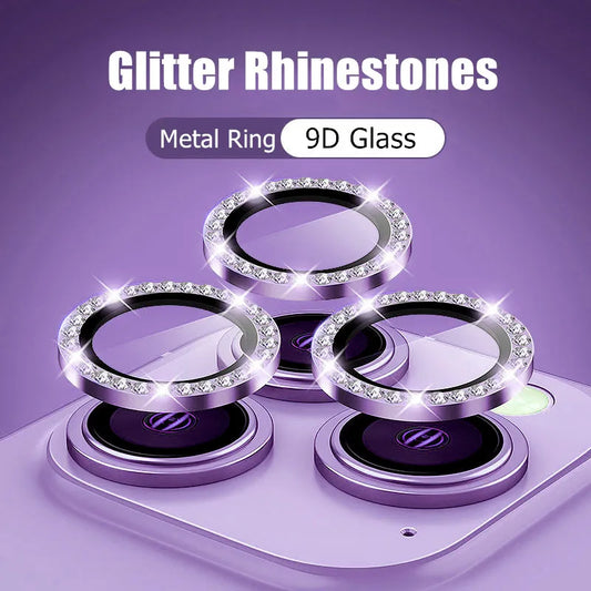 Glitter Diamond Rhinestones Metal Ring Camera Tempered Glass For iPhone 15 11 12 13 14 Pro Max Plus Lens Protector Full Cover