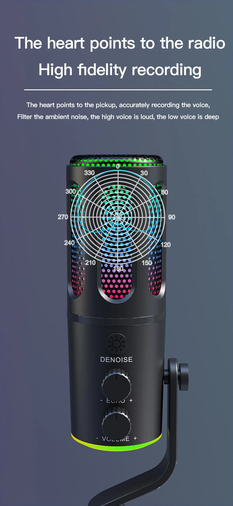 USB condenser microphone with RGB light, DSPnoise reduction, independent monitoring, used for media recording and live streaming