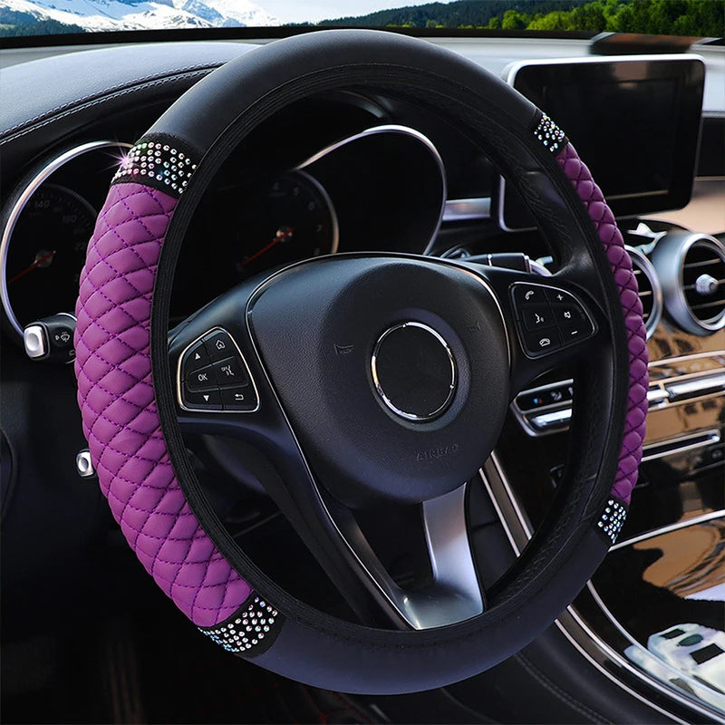 Universal PU Leather Rhinestone Car Steering Wheel Cover